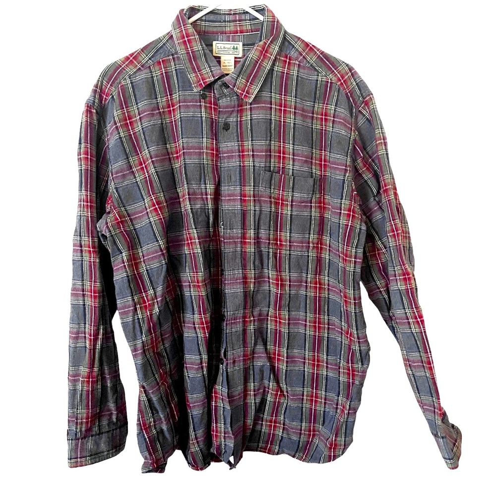 L.L. Bean Grey Red Plaid Flannel Button Down Shirt XL